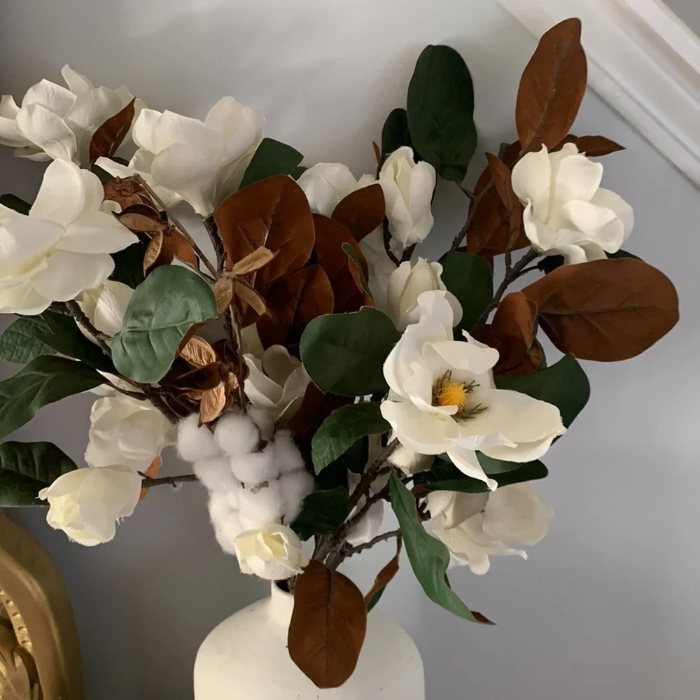 Magnolia 7‎ stems and one cotton greenery tall home decor realistic
